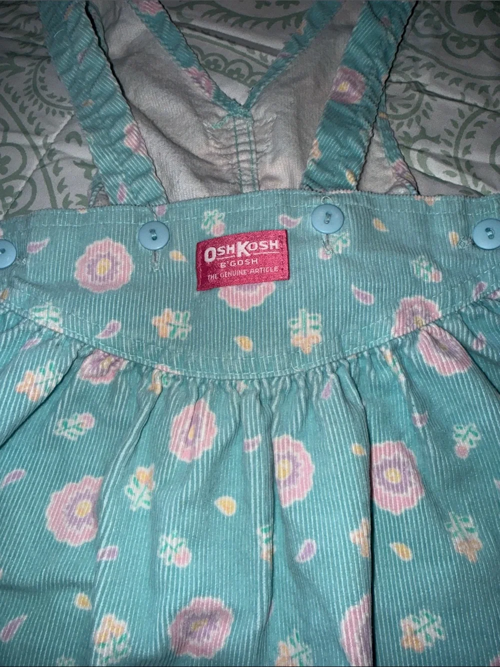 Vintage OshKosh B'gosh Mint Blue Floral Corduroy Overall Dress